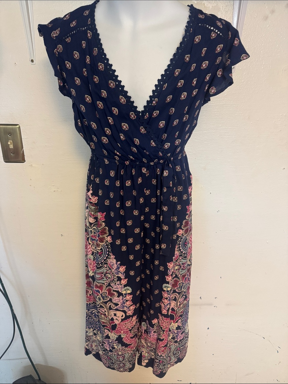 Girls Navy Floral Border romper with Tie Waist